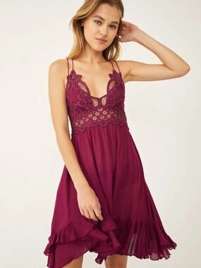 Free People One Adella Burgundy Wine Small Slip Dress Ruffled Hem Boho Fairycore